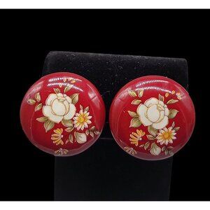 Cherry Red Enamel Clip On Earrings Hand Painted Vintage Floral Design